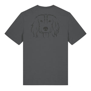 Black outline illustration of the head of a Spaniel on the back of an anthracite grey unisex t-shirt