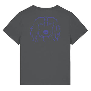 Blue outline illustration of the head of a Spaniel on the back of an anthracite grey ladies t-shirt