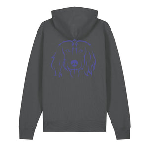 Blue outline illustration of the head of a Spaniel on the back of an anthracite grey unisex Hoodie