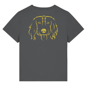 Gold outline illustration of the head of a Spaniel on the back of an anthracite grey ladies t-shirt