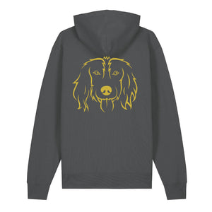 Gold outline illustration of the head of a Spaniel on the back of an anthracite grey unisex Hoodie