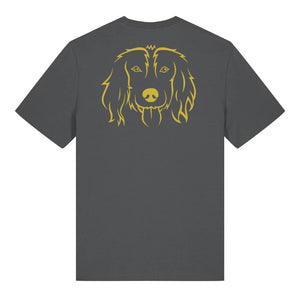 Gold outline illustration of the head of a Spaniel on the back of an anthracite grey unisex t-shirt