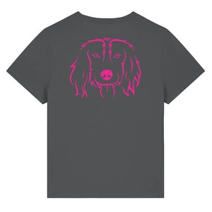 Magenta outline illustration of the head of a Spaniel on the back of an anthracite grey ladies t-shirt