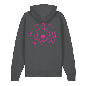 Magenta outline illustration of the head of a Spaniel on the back of an anthracite grey unisex Hoodie