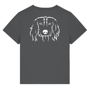 White outline illustration of the head of a Spaniel on the back of an anthracite grey ladies t-shirt