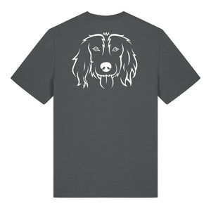 White outline illustration of the head of a Spaniel on the back of an anthracite grey unisex t-shirt