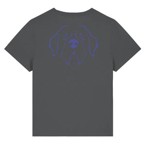Blue outline illustration of the head of a Saint Bernard on the back of an anthracite grey ladies t-shirt