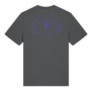 Blue outline illustration of the head of a Saint Bernard on the back of an anthracite grey unisex t-shirt