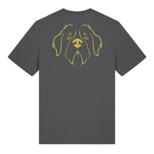 Gold outline illustration of the head of a Saint Bernard on the back of an anthracite grey unisex t-shirt