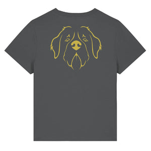 Gold outline illustration of the head of a Saint Bernard on the back of an anthracite grey ladies t-shirt