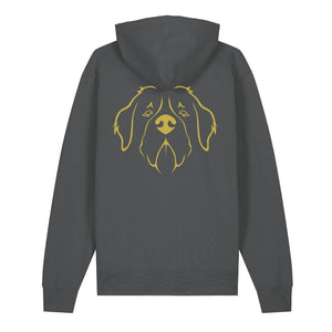 Gold outline illustration of the head of a Saint Bernard on the back of an anthracite grey unisex Hoodie