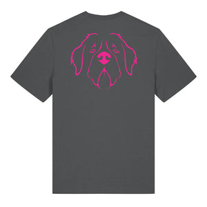 Magenta outline illustration of the head of a Saint Bernard on the back of an anthracite grey unisex t-shirt