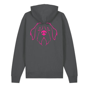 Magenta outline illustration of the head of a Saint Bernard on the back of an anthracite grey unisex Hoodie