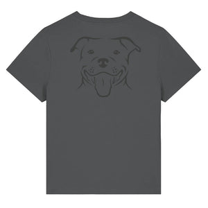 Black outline illustration of the head of a Staffordshire Bull Terrier on the back of an anthracite grey ladies t-shirt