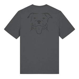 Black outline illustration of the head of a Staffordshire Bull Terrier on the back of an anthracite grey unisex t-shirt