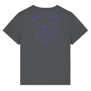 Blue outline illustration of the head of a Staffordshire Bull Terrier on the back of an anthracite grey ladies t-shirt