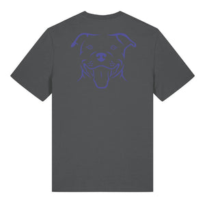 Blue outline illustration of the head of a Staffordshire Bull Terrier on the back of an anthracite grey unisex t-shirt
