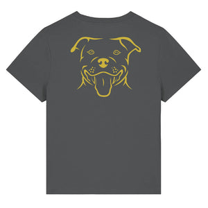 Gold outline illustration of the head of a Staffordshire Bull Terrier on the back of an anthracite grey ladies t-shirt