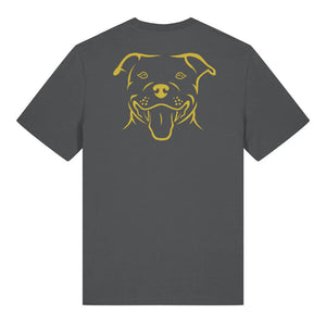 Gold outline illustration of the head of a Staffordshire Bull Terrier on the back of an anthracite grey unisex t-shirt