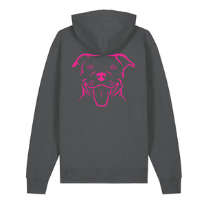 Magenta outline illustration of the head of a Staffordshire Bull Terrier on the back of an anthracite grey unisex Hoodie