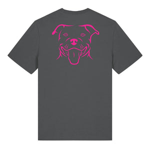 Magenta outline illustration of the head of a Staffordshire Bull Terrier on the back of an anthracite grey unisex t-shirt