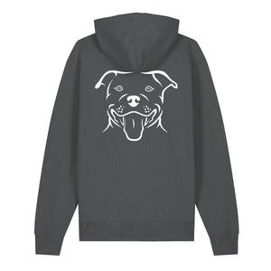 White outline illustration of the head of a Staffordshire Bull Terrier on the back of an anthracite grey unisex Hoodie