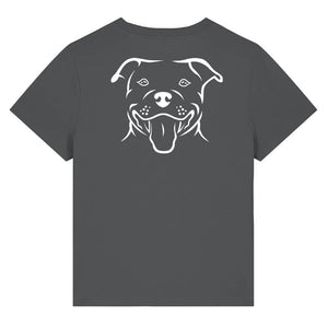 White outline illustration of the head of a Staffordshire Bull Terrier on the back of an anthracite grey ladies t-shirt