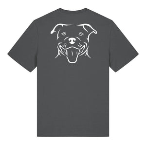 White outline illustration of the head of a Staffordshire Bull Terrier on the back of an anthracite grey unisex t-shirt
