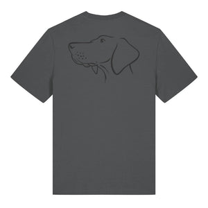 Black outline illustration of the head of a Hungarian Vizsla on the back of an anthracite grey unisex t-shirt