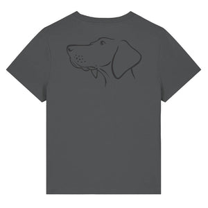 Black outline illustration of the head of a Hungarian Vizsla on the back of an anthracite grey ladies t-shirt