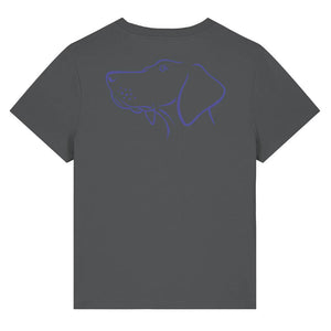 Blue outline illustration of the head of a Hungarian Vizsla on the back of an anthracite grey ladies t-shirt