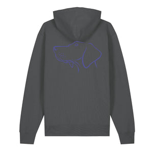 Blue outline illustration of the head of a Hungarian Vizsla on the back of an anthracite grey unisex Hoodie
