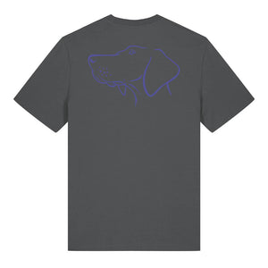 Blue outline illustration of the head of a Hungarian Vizsla on the back of an anthracite grey unisex t-shirt