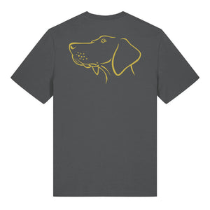 Gold outline illustration of the head of a Hungarian Vizsla on the back of an anthracite grey unisex t-shirt