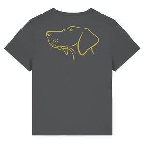 Gold outline illustration of the head of a Hungarian Vizsla on the back of an anthracite grey ladies t-shirt