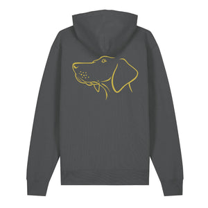 Gold outline illustration of the head of a Hungarian Vizsla on the back of an anthracite grey unisex Hoodie