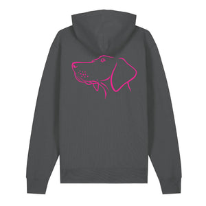 Magenta outline illustration of the head of a Hungarian Vizsla on the back of an anthracite grey unisex Hoodie