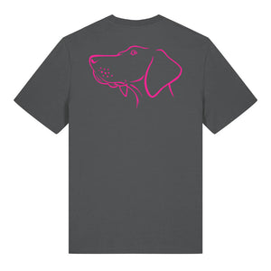 Magenta outline illustration of the head of a Hungarian Vizsla on the back of an anthracite grey unisex t-shirt