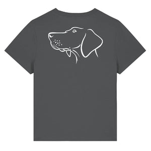 White outline illustration of the head of a Hungarian Vizsla on the back of an anthracite grey ladies t-shirt