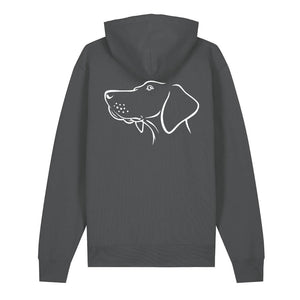 White outline illustration of the head of a Hungarian Vizsla on the back of an anthracite grey unisex Hoodie