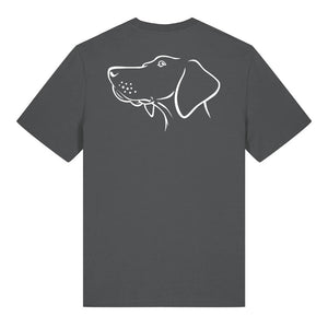 White outline illustration of the head of a Hungarian Vizsla on the back of an anthracite grey unisex t-shirt
