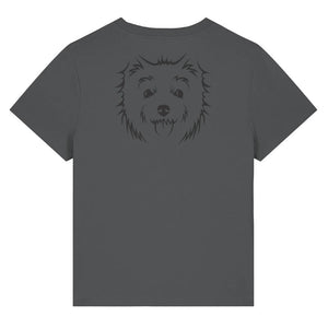 Black outline illustration of the head of a West Highland Terrier on the back of an anthracite grey ladies t-shirt
