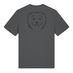 Black outline illustration of the head of a West Highland Terrier on the back of an anthracite grey unisex t-shirt