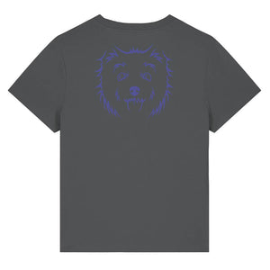 Blue outline illustration of the head of a West Highland Terrier on the back of an anthracite grey ladies t-shirt