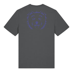 Blue outline illustration of the head of a West Highland Terrier on the back of an anthracite grey unisex t-shirt