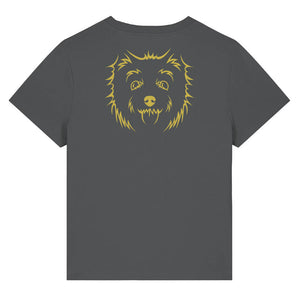 Gold outline illustration of the head of a West Highland Terrier on the back of an anthracite grey ladies t-shirt