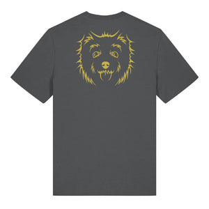 Gold outline illustration of the head of a West Highland Terrier on the back of an anthracite grey unisex t-shirt