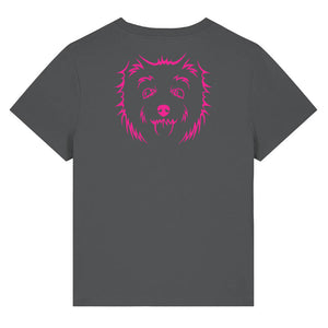 Magenta outline illustration of the head of a West Highland Terrier on the back of an anthracite grey ladies t-shirt