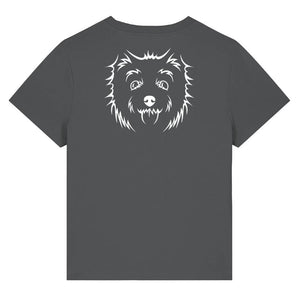 White outline illustration of the head of a West Highland Terrier on the back of an anthracite grey ladies t-shirt