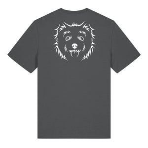 White outline illustration of the head of a West Highland Terrier on the back of an anthracite grey unisex t-shirt